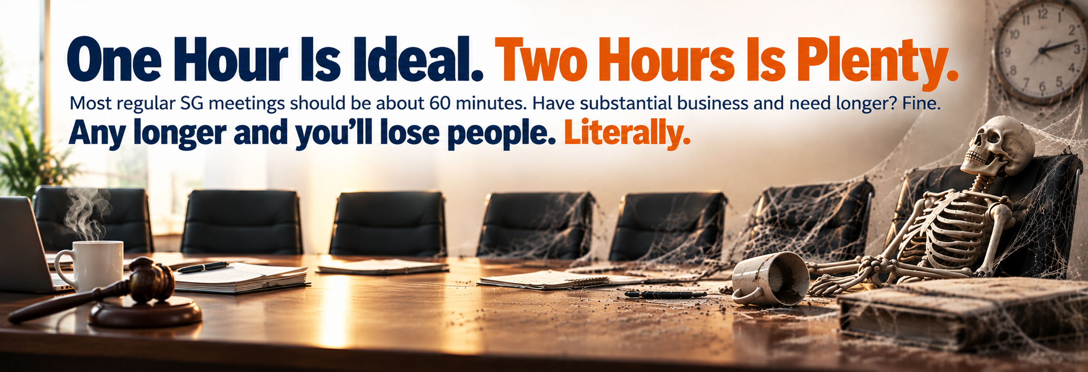 One Hour Is Ideal. Two Hours Is Plenty. Most regular SG meetings should be about 60 minutes. Have substantial business and need longer? Fine. Any longer and you'll lose people. Literally. Illustration: an empty conference table with cobwebs on the chairs and a skeleton still sitting in the last one.